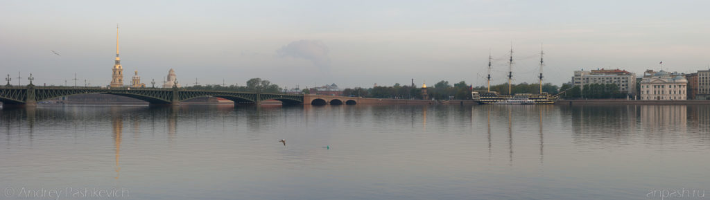Панорама, Троицкий мост и Петровская набережная на рассвете