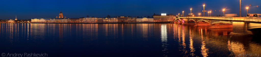 Панорамное фото, Санкт-Петербург ночью, Английская набережная и Благовещенский мост