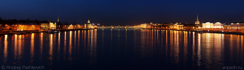 Ночной Санкт-Петербург, панорама Невы, центр