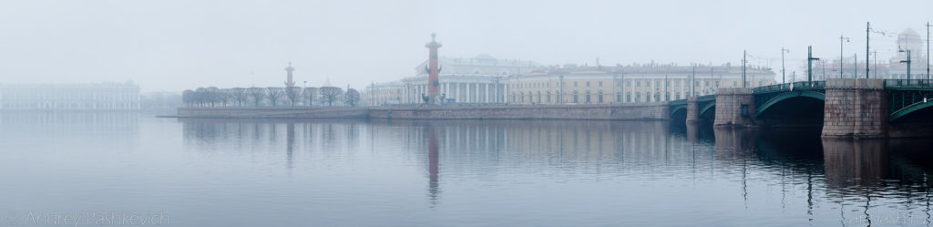 Стрелка Васильевского острова, Биржа, Биржевой мост. Панорамная фотография.Туман.